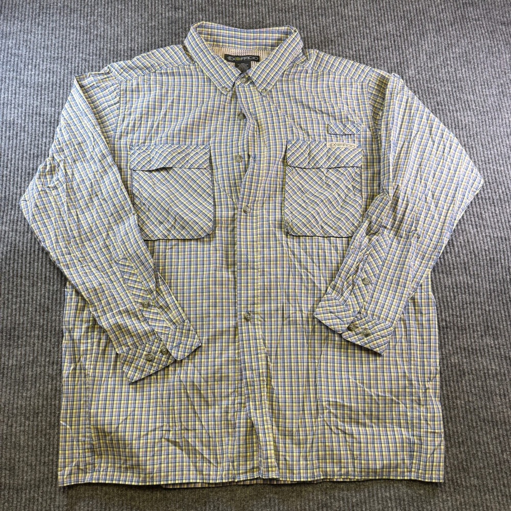 ExOfficio Fishing Shirt XXL Blue Yellow Plaid Polyester Nylon Long Sleeve Mens